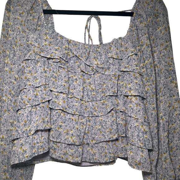 Astr The Label Balloon Sleeve Ruffled Floral Crop Top Blouse Blue Ditsy Size S - Picture 4 of 6